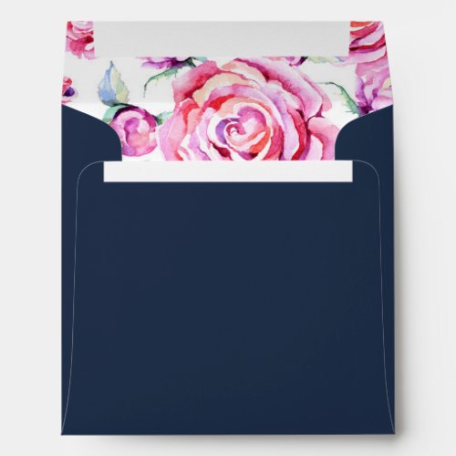 Square Pink Navy Roses Wedding Return Address Envelope