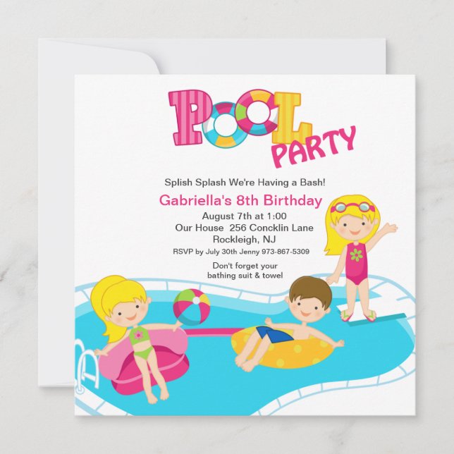 Square Pink Pool Party Girls  Birthday Invitation (Front)