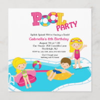 Square Pink Pool Party Girls  Birthday Invitation