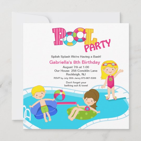 Square Pink Pool Party Girls Birthday Invitation | Zazzle.com