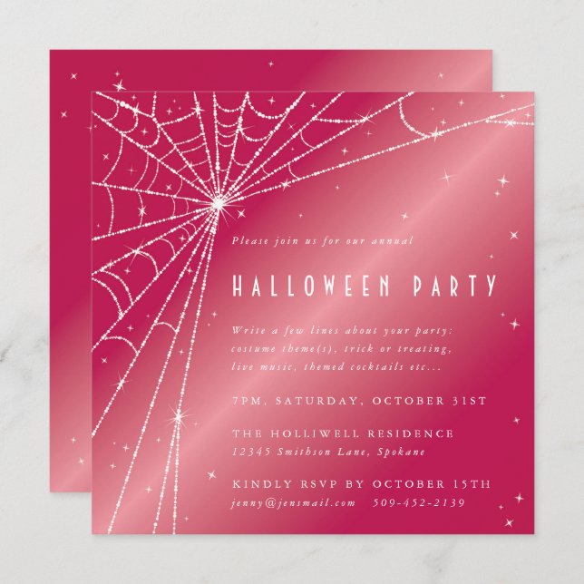 Square Pink Sparkling Spider Web Halloween Party Invitation (Front/Back)