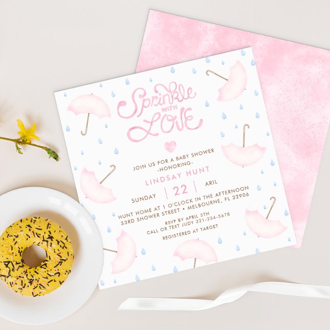 Square Pink Umbrella Sprinkle Baby Shower  Invitation (Cute Umbrellas - Baby Shower Invite)