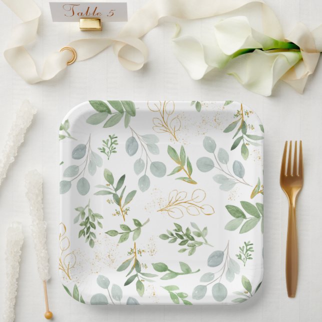 Square Plates - watercolor greenery and faux gold (Wedding)