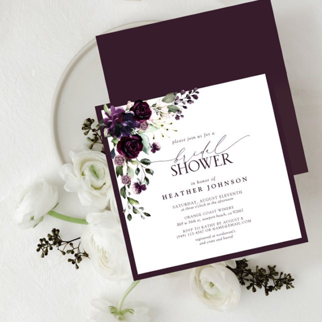 Square Plum Purple Watercolor Floral Bridal Shower Invitation (Creator Uploaded)