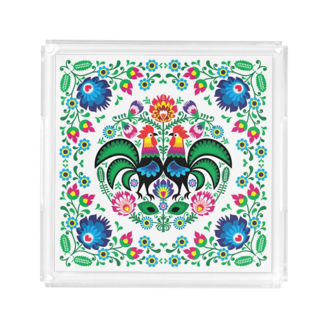 Square Polish Rooster Pattern Acrylic Tray (Front)