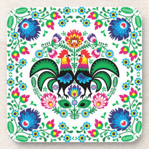 Square Polish Rooster Pattern Beverage Coaster