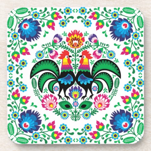 Square Polish Rooster Pattern Beverage Coaster