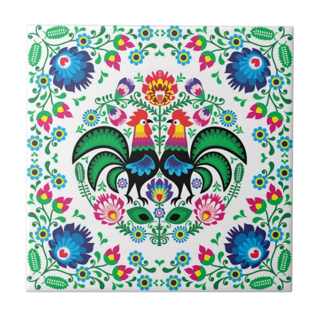 Square Polish Rooster Pattern Ceramic Tile (Front)