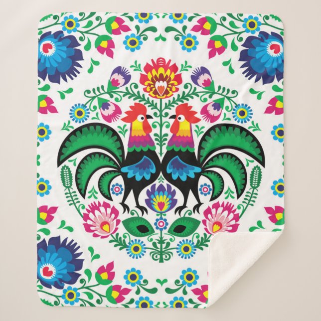 Square Polish Rooster Pattern Sherpa Blanket (Front)