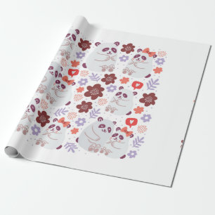 Square poster with cute pandas couples in love wit wrapping paper