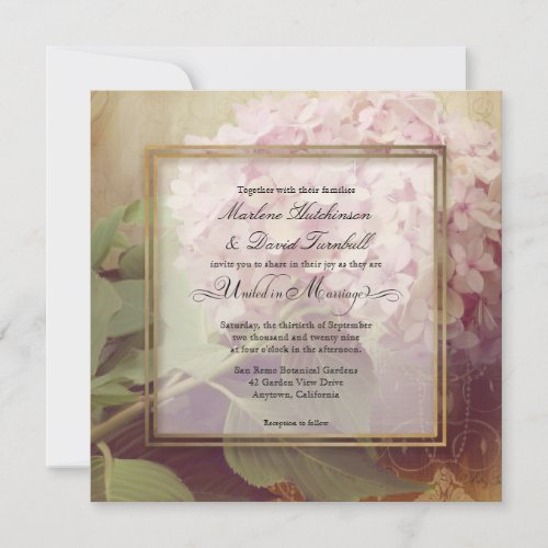 Square Pretty Blush Pink Hydrangea Vintage Wedding Invitation
