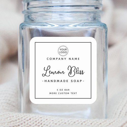 Square product label with handwritten script font