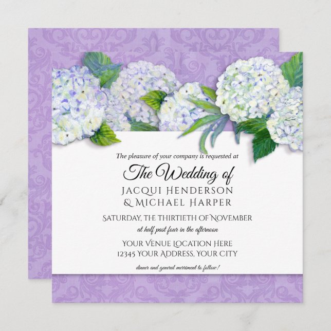 Square Purple Damask Hydrangea Floral Wedding Invitation (Front/Back)