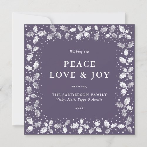 Square Purple Hand Printed Holly Peace Love  Joy Holiday Card