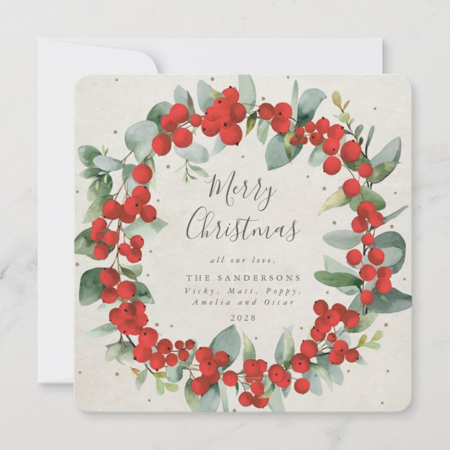 Square Red Berries + Eucalyptus Christmas Wreath Holiday Card (Front)