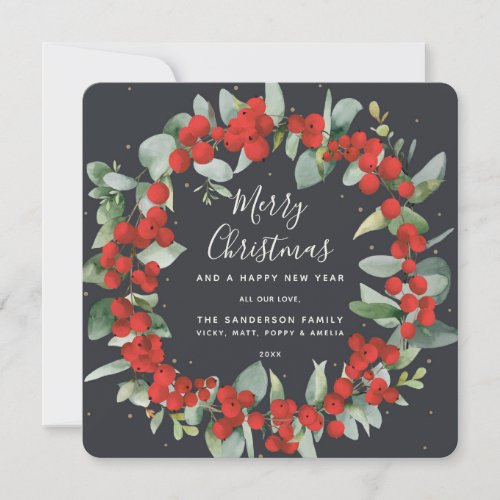 Square Red Berries  Eucalyptus Christmas Wreath Holiday Card