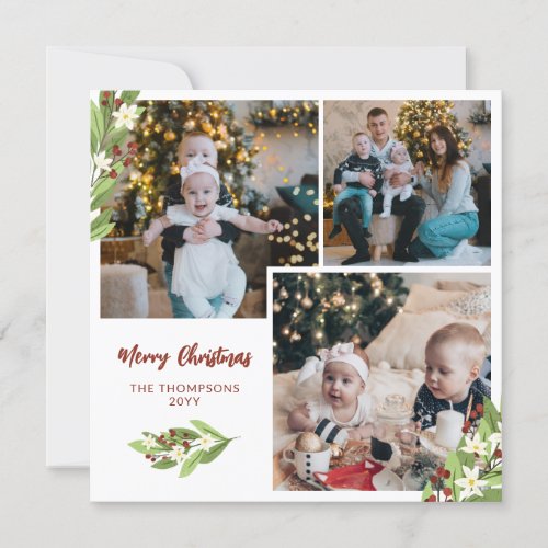 Square Red Berries Photo Collage Merry Christmas Holiday Card