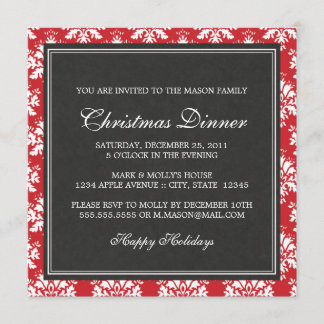Square Red Damask Christmas Dinner Invitation