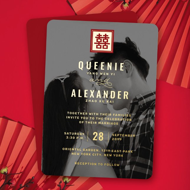 Square Red Double Happiness Photo Chinese Wedding Foil Invitation (Red/Gold Classic Square Double Happiness Chinese Wedding Real Foil Photo Invite @ fatfatin_red_knot)