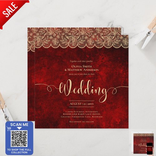 SQUARE RED Gold Lace Wedding Print or DOWNLOAD Invitation
