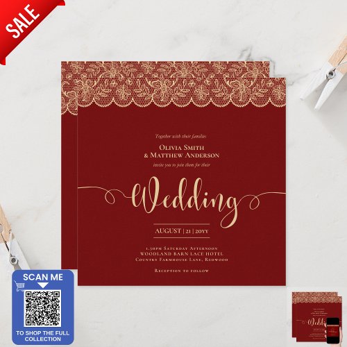 SQUARE RED Gold Lace Wedding Print or DOWNLOAD Invitation