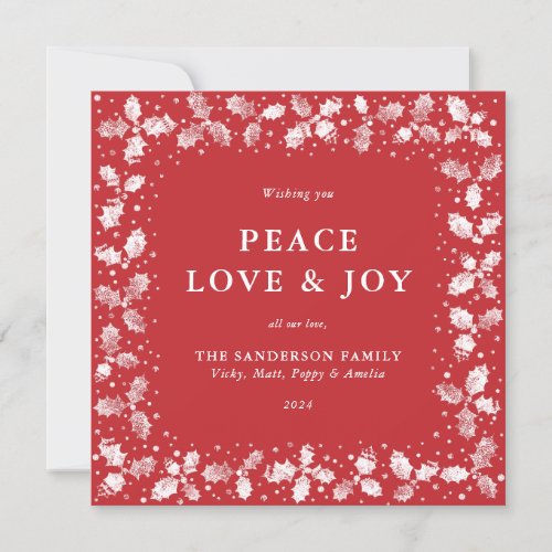 Square Red Hand Printed Holly Peace Love  Joy Holiday Card