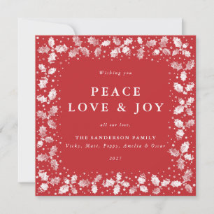Square Red Hand Printed Holly Peace Love + Joy Holiday Card