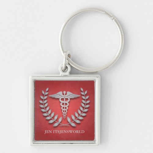 Square Red  Silver Medical Caduceus Custom Keychain