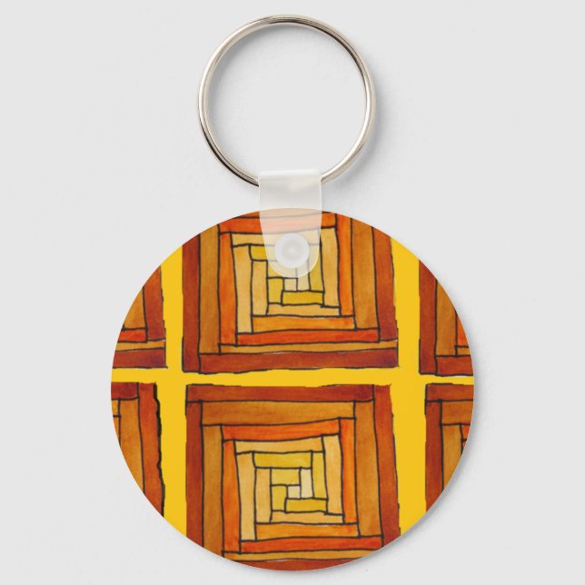 square retro art deco brown pattern keychain (Front)