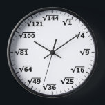 Square Root Clock - Mathematics Math Clock<br><div class="desc">square root clock, fun math wall clock, mathematics student classroom time, maths teacher class hours, number geek nerd humor, squareroot calculation school lesson, calculating calculations sums, black and white numbers, elementary primary secondary school, high school college university</div>