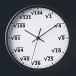 Square Root Clock - Mathematics Math Clock<br><div class="desc">square root clock, fun math wall clock, mathematics student classroom time, maths teacher class hours, number geek nerd humor, squareroot calculation school lesson, calculating calculations sums, black and white numbers, elementary primary secondary school, high school college university</div>