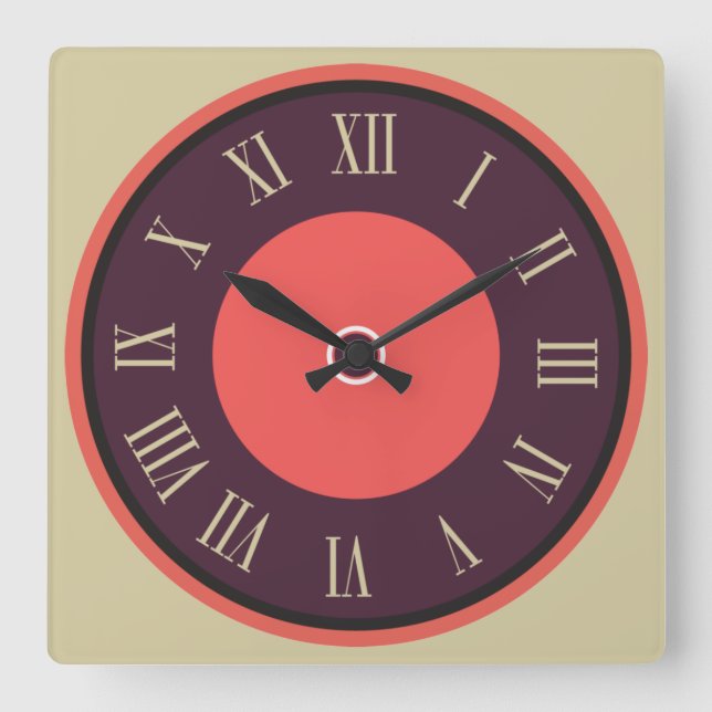 Square Round Purple-Red Roman Numeral Wall Clock (Front)