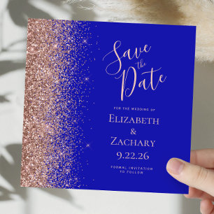 Square Royal Blue Rose Gold Save the Date Announcement