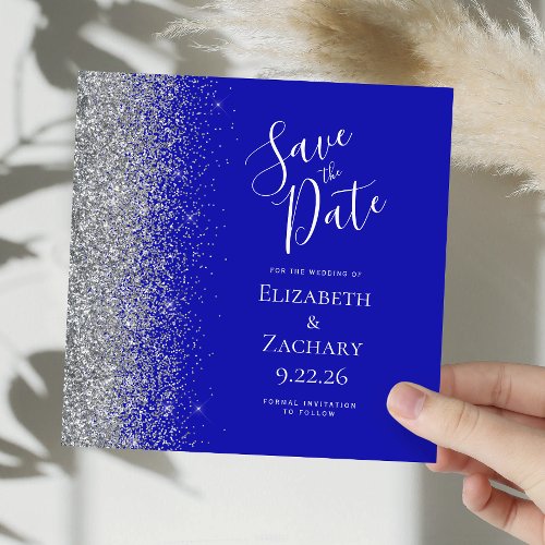 Square Royal Blue Silver Glitter Save the Date Announcement