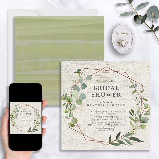 Square Rustic Copper Geometric Eucalyptus Shower Invitation (Creator Uploaded)