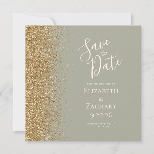 Square Sage Green Gold Glitter Save the Date Announcement
