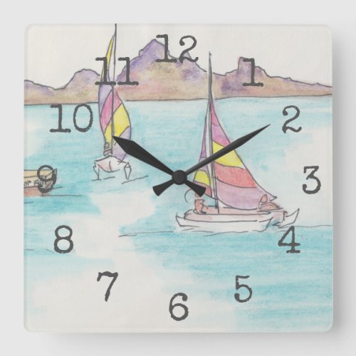 Square Shaped Clock Watercolor Boats Fiji