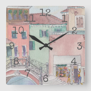 Square Shaped Clock "Watercolor Shopping"