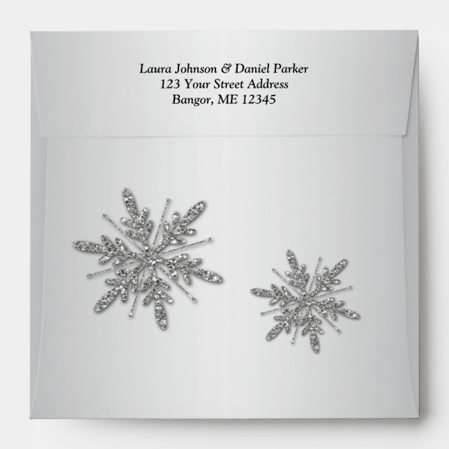 Square Silver Glitter Snowflakes & Black Envelope (Back (Top Flap))