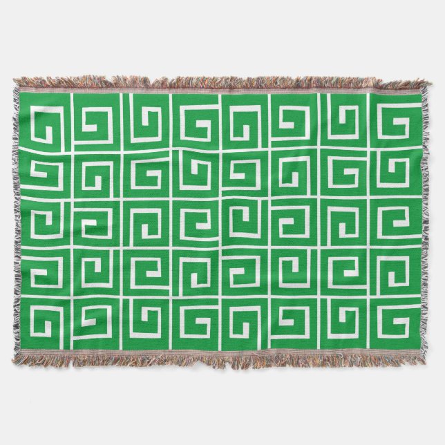 Square Spirals - Grass Green on White Throw Blanket (Front)