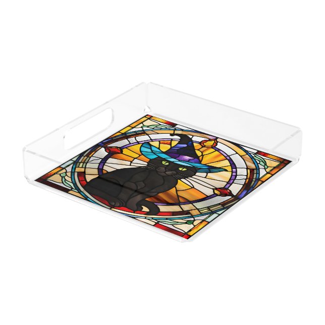 Square Stained Glass Black Cat Colorful Halloween Acrylic Tray (Angled)