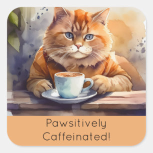 Square Sticker Orange Cat Drinking Coffee 