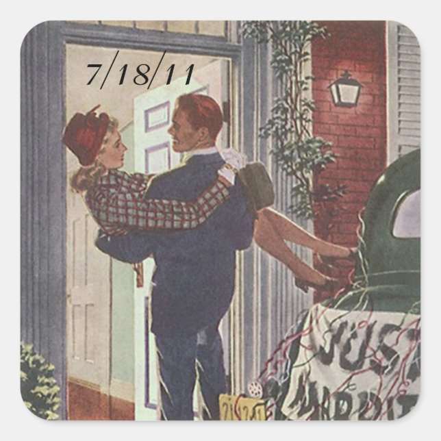 Square Sticker Retro Couple Just Married Date Stic (Front)