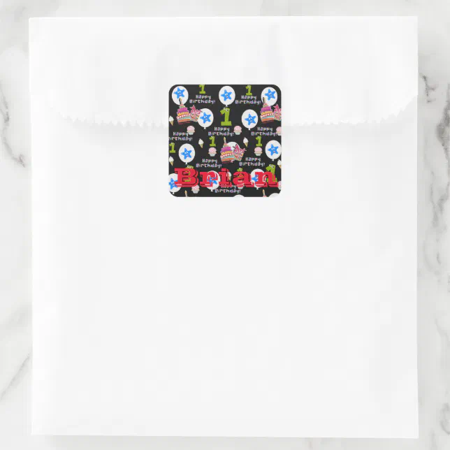 Square Stickers, #1 Happy First Birthday Black Sticker | Zazzle