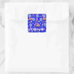 Square Stickers, #3 Happy 3rd Birthday Blue Sticker