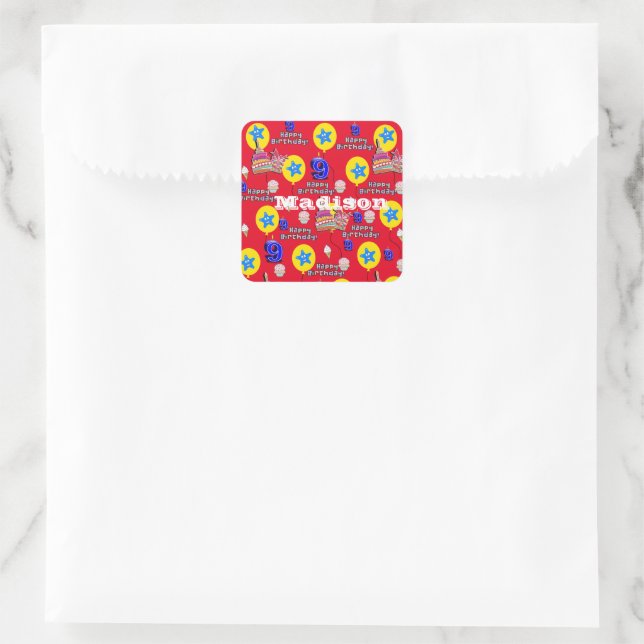 Square Stickers, #9 Happy 9th Birthday Red Square Sticker (Bag)