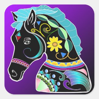 Square Stickers Carousel Horse on Rich Shaded Viol