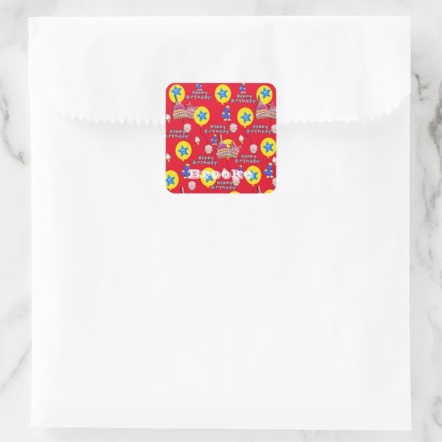 Square Stickers, Happy 4th Birthday Red Square Sticker (Bag)