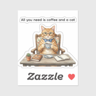 Square Stickers Orange Tabby Cat Drinking Coffee