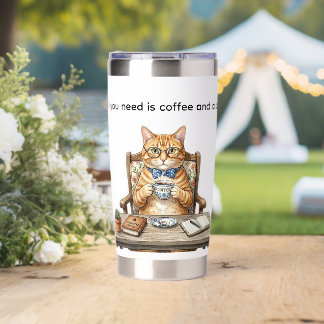 Square Stickers Orange Tabby Cat Drinking Coffee Insulated Tumbler